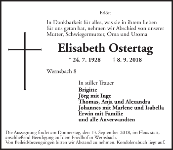 Traueranzeige von Elisabeth Ostertag von Ansbach