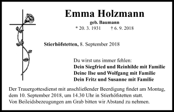 Traueranzeige von Emma Holzmann von Neustadt/ Scheinfeld/ Uffenheim