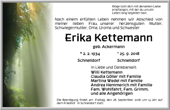 Traueranzeige von Erika Kettemann von Dinkelsbuhl/ Feuchtwangen