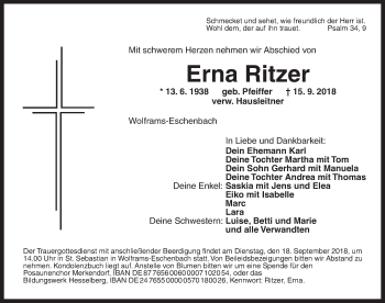 Traueranzeige von Erna Ritzer von Ansbach