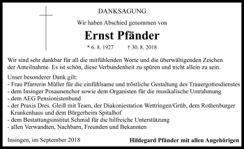 Traueranzeige von Ernst Pfänder von Rothenburg