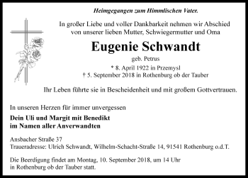 Traueranzeige von Eugenie Schwandt von Rothenburg