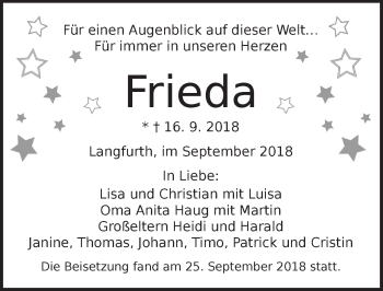 Traueranzeige von Frieda  von Dinkelsbuhl/ Feuchtwangen