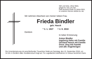 Traueranzeige von Frieda Bindler von Dinkelsbühl/ Feuchtwangen