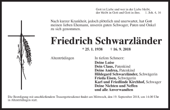 Traueranzeige von Friedrich Schwarzländer von Dinkelsbühl/ Feuchtwangen