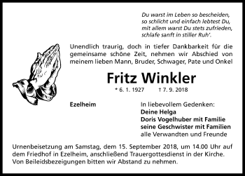 Traueranzeige von Fritz Winkler von Neustadt/ Scheinfeld/ Uffenheim