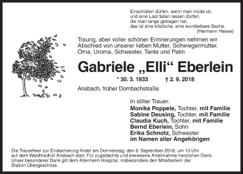 Traueranzeige von Gabriele Eberlein von Ansbach