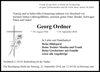 Traueranzeige von Georg Ordner von Rothenburg