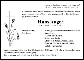 Traueranzeige von Hans Anger von Neustadt/ Scheinfeld/ Uffenheim