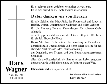 Traueranzeige von Hans Wagner von Neustadt/ Scheinfeld/ Uffenheim