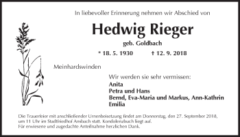 Traueranzeige von Hedwig Rieger von Ansbach