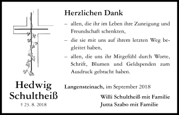 Traueranzeige von Hedwig Schultheiß von Neustadt/ Scheinfeld/ Uffenheim