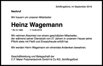 Traueranzeige von Heinz Wagemann von Rothenburg