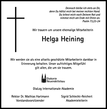 Traueranzeige von Helga Heining von Rothenburg