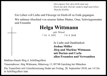 Traueranzeige von Helga Wittmann von Rothenburg