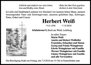 Traueranzeige von Herbert Weiß von Rothenburg