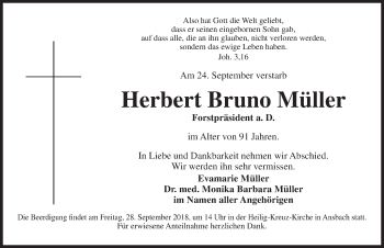 Traueranzeige von Herbert Bruno Müller von Dinkelsbuhl/ Feuchtwangen