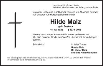 Traueranzeige von Hilde Malz von Dinkelsbühl/ Feuchtwangen