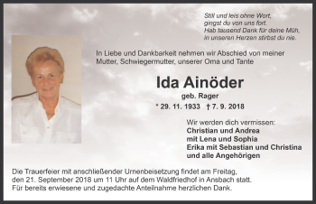 Traueranzeige von Ida Ainöder von Ansbach