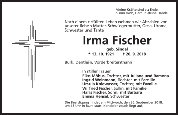 Traueranzeige von Irma Fischer von Dinkelsbühl/ Feuchtwangen