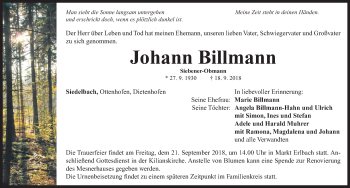 Traueranzeige von Johann Billmann von Neustadt/ Scheinfeld/ Uffenheim
