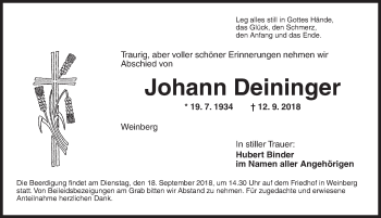 Traueranzeige von Johann Deininger von Dinkelsbuhl/ Feuchtwangen