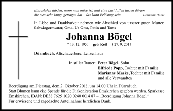 Traueranzeige von Johanna Bögel von Neustadt/ Scheinfeld/ Uffenheim