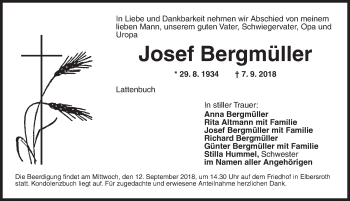 Traueranzeige von Josef Bergmüller von Dinkelsbühl/ Feuchtwangen