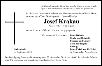 Traueranzeige von Josef Krakau von Neustadt/ Scheinfeld/ Uffenheim