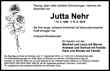 Traueranzeige von Jutta Nehr von Ansbach