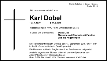 Traueranzeige von Karl Dobel von Dinkelsbühl/ Feuchtwangen