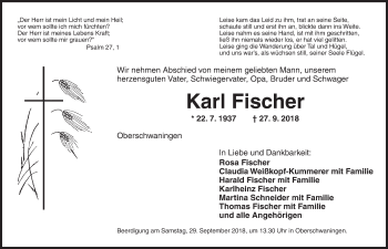 Traueranzeige von Karl Fischer von Dinkelsbühl/ Feuchtwangen