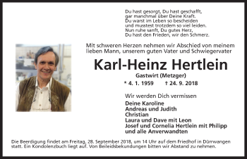 Traueranzeige von Karl-Heinz Hertlein von Dinkelsbuhl/ Feuchtwangen