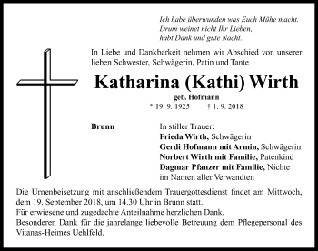 Traueranzeige von Katharina Wirth von Neustadt/ Scheinfeld/ Uffenheim