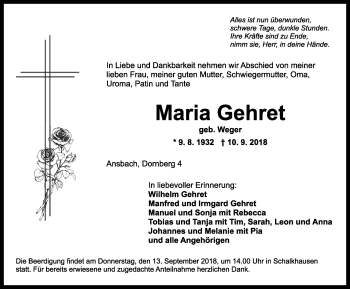 Traueranzeige von Maria Gehret von Ansbach
