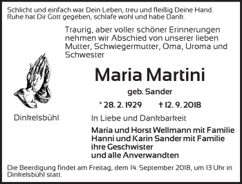 Traueranzeige von Maria Martini von Dinkelsbuhl/ Feuchtwangen