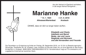 Traueranzeige von Marianne Hanke von Ansbach