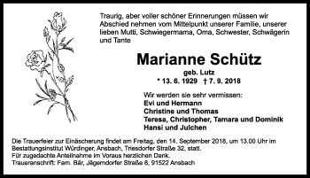 Traueranzeige von Marianne Schütz von Ansbach