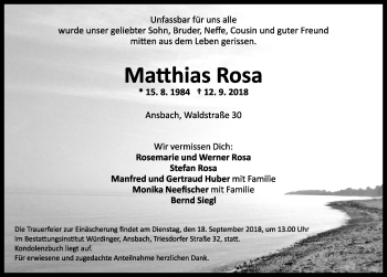 Traueranzeige von Matthias Rosa von Ansbach