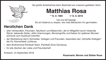 Traueranzeige von Matthias Rosa von Ansbach