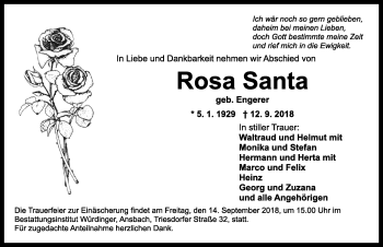 Traueranzeige von Rosa Santa von Ansbach