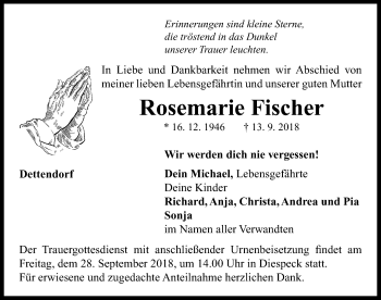 Traueranzeige von Rosemarie Fischer von Neustadt/ Scheinfeld/ Uffenheim