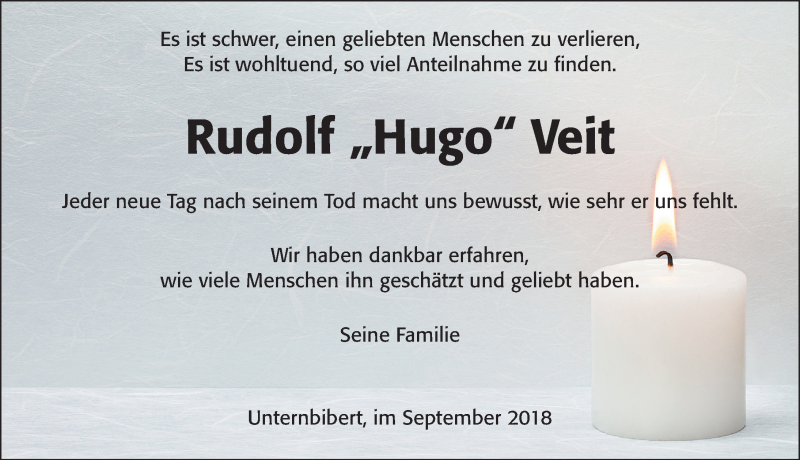  Traueranzeige für Rudolf Hugo Veit vom 22.09.2018 aus Ansbach