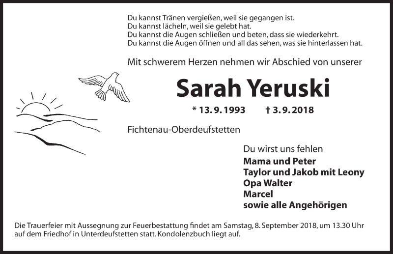  Traueranzeige für Sarah Yeruski vom 06.09.2018 aus Ansbach
