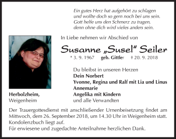 Traueranzeige von Susanne Seiler von Neustadt/ Scheinfeld/ Uffenheim