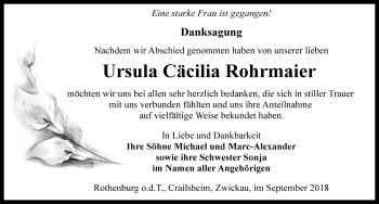 Traueranzeige von Ursula Cäcilia Rohrmaier von Rothenburg