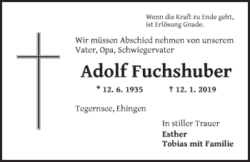 Traueranzeige von Adolf Fuchshuber von Dinkelsbuhl/ Feuchtwangen