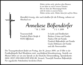 Traueranzeige von Anneliese Bößendörfer von Neustadt/ Scheinfeld/ Uffenheim