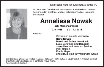 Traueranzeige von Anneliese Nowak von Ansbach