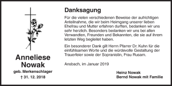 Traueranzeige von Anneliese Nowak von Ansbach